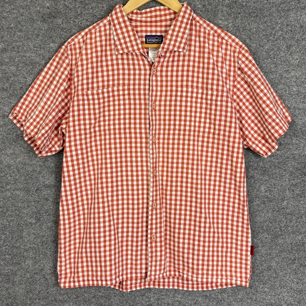 Patagonia Button Down Shirt Mens M Orange Excellent Gingham Organic Cotton S/S